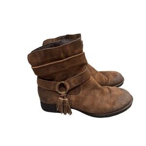 Born Cory Ankle Boots Booties Shoes Womens Size 8 Brown Tassel Distressed Suede